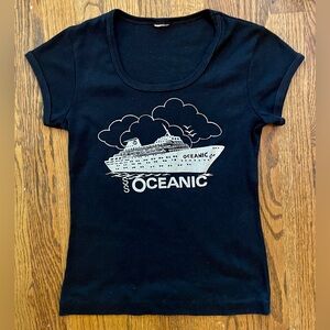 VTG Women’s 70’s 80’s Black Silver Fitted Glitter Scoop Tee SS Oceanic Cruise S